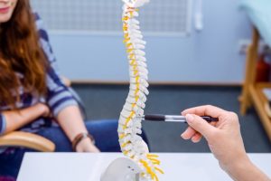 背骨の模型を使って患者にわかりやすく症状を説明する整体技師